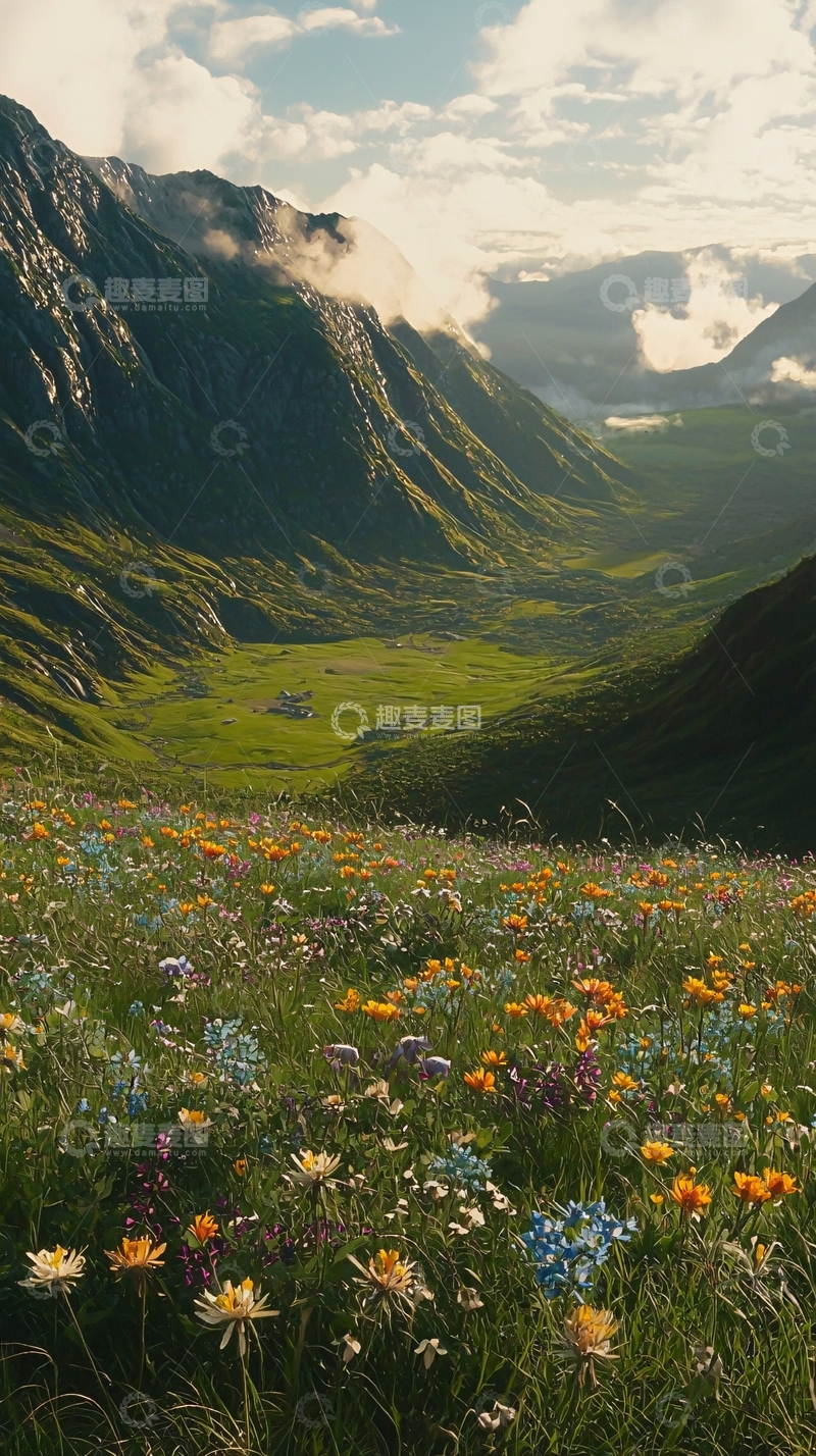 高清大图下载【趣麦麦图】山谷野花盛开的壮丽景色
