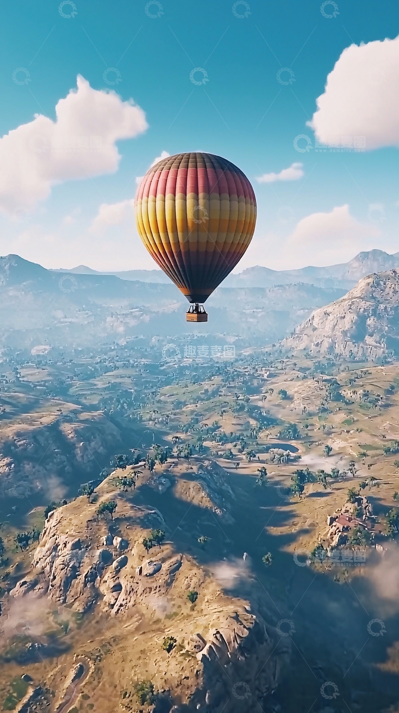 高清大图下载【趣麦麦图】热气球高空俯瞰山谷风景
