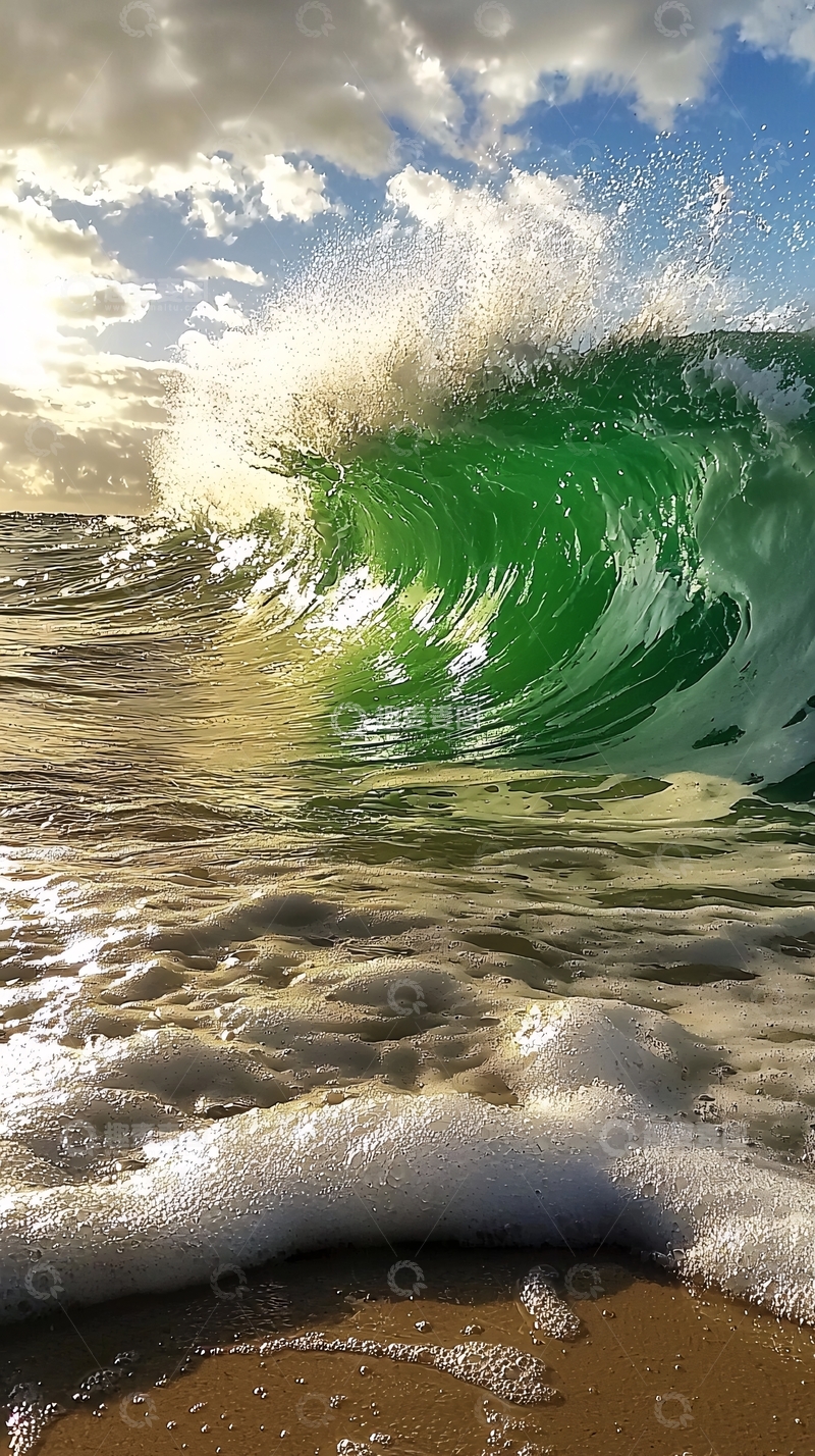 高清大图下载【趣麦麦图】碧绿巨浪拍打沙滩