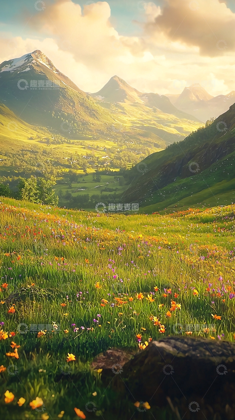 高清大图下载【趣麦麦图】山谷鲜花盛开金色阳光