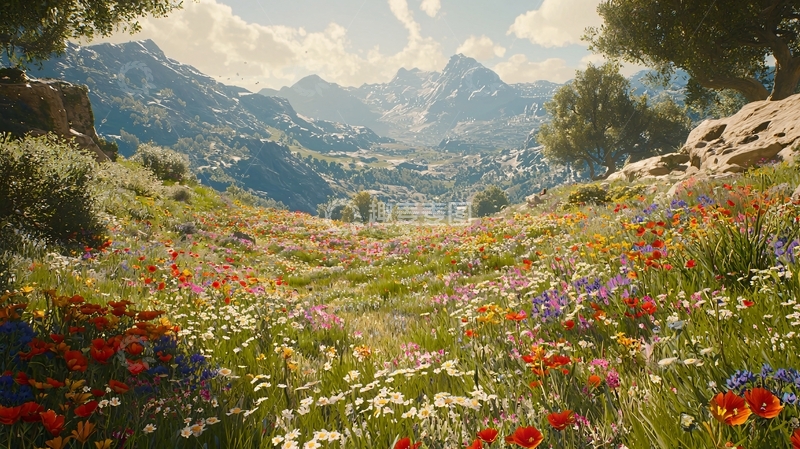 高清大图下载【趣麦麦图】山间野花盛开的彩色草地