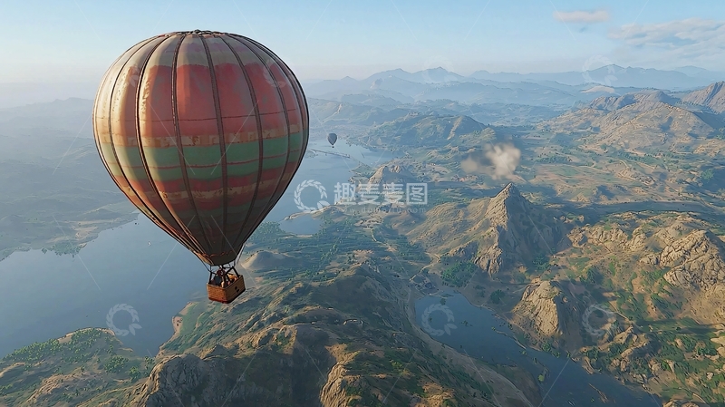 高清大图下载【趣麦麦图】热气球高空俯瞰山脉景色