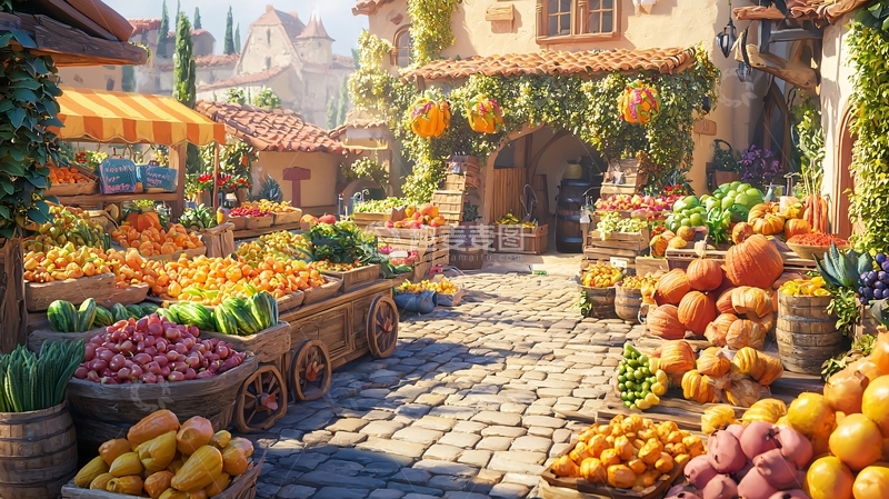 高清大图下载【趣麦麦图】丰收季节的市场