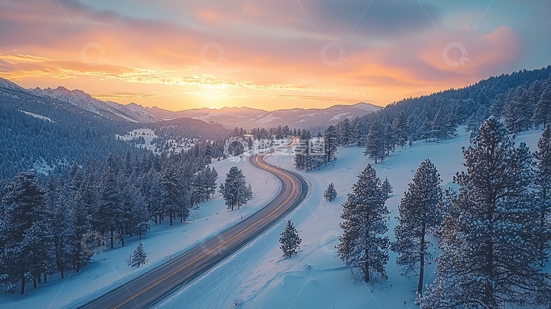 高清大图下载【趣麦麦图】雪山公路日落