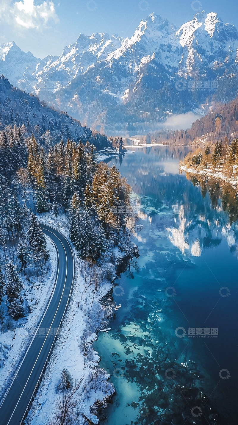 高清大图下载【趣麦麦图】雪山湖泊公路风景