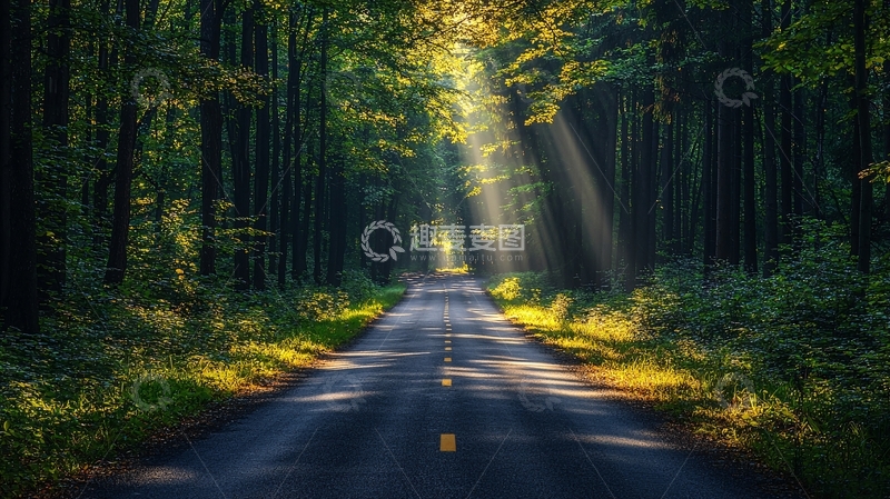 高清大图下载【趣麦麦图】林间公路阳光洒下