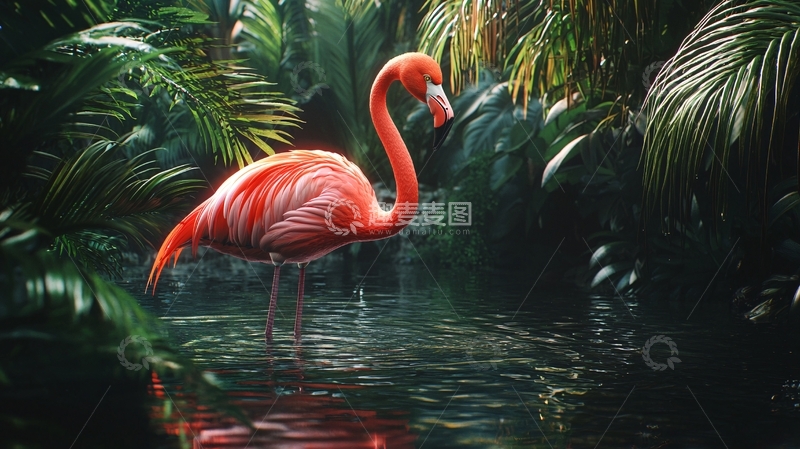高清大图下载【趣麦麦图】粉色火烈鸟热带雨林