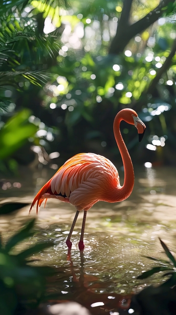 粉红火烈鸟在热带雨林