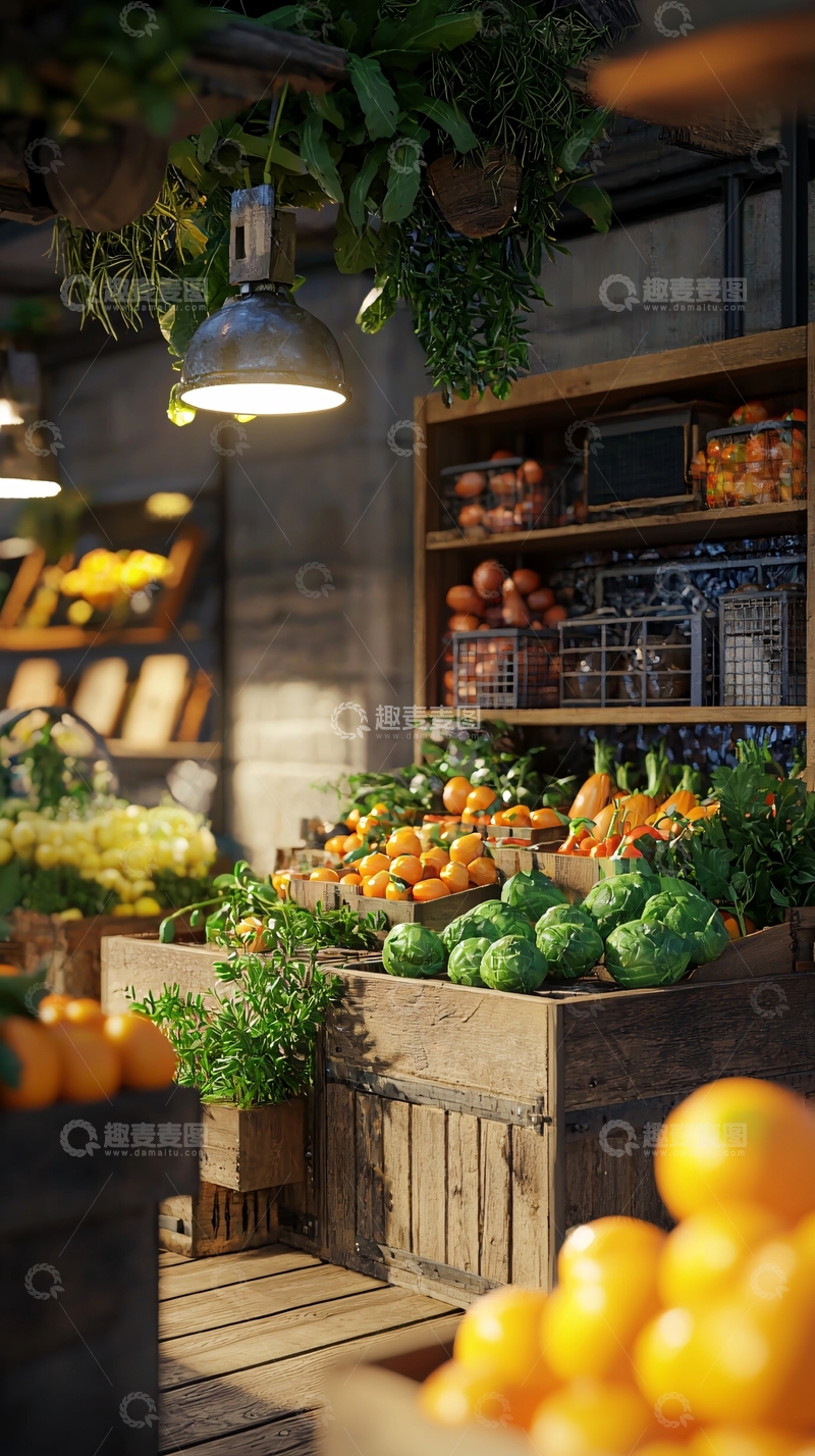 高清大图下载【趣麦麦图】木质货架水果蔬菜商店