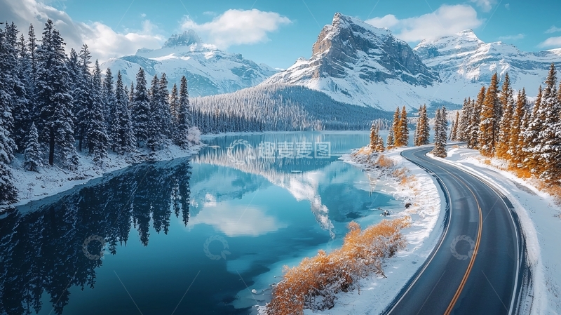 高清大图下载【趣麦麦图】雪山公路湖泊景色
