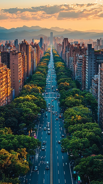 城市街道绿化带远景