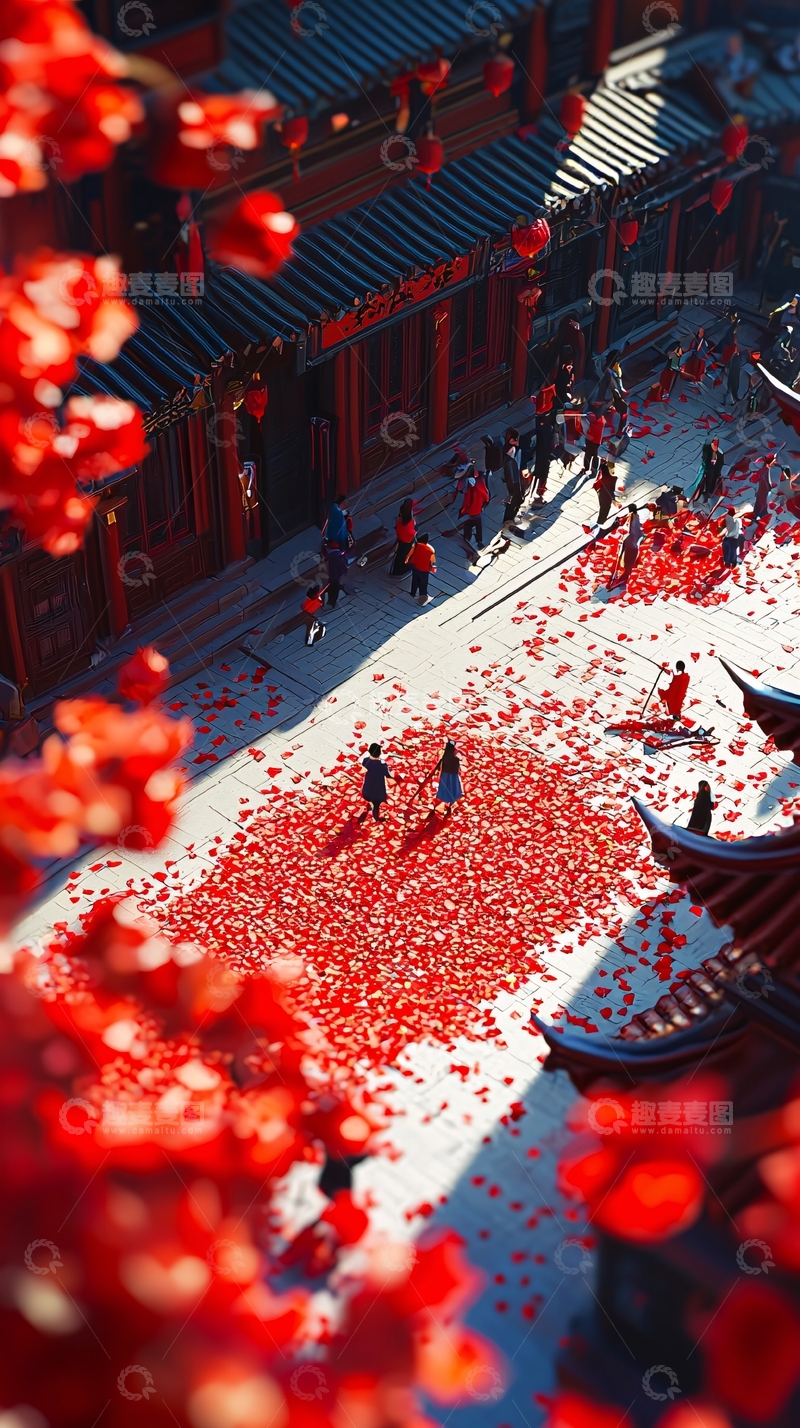 高清大图下载【趣麦麦图】古建筑红花瓣地面人群