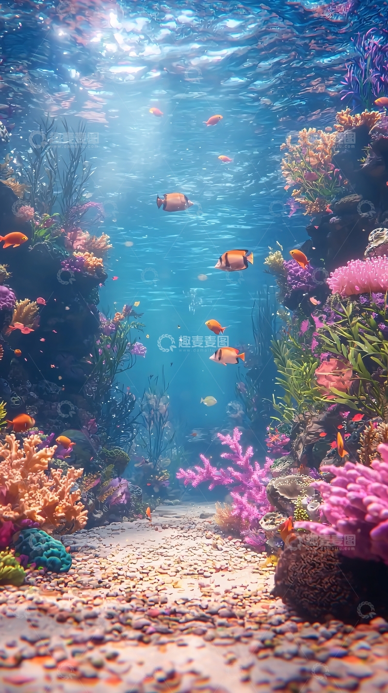 高清大图下载【趣麦麦图】阳光透过海水照射珊瑚礁