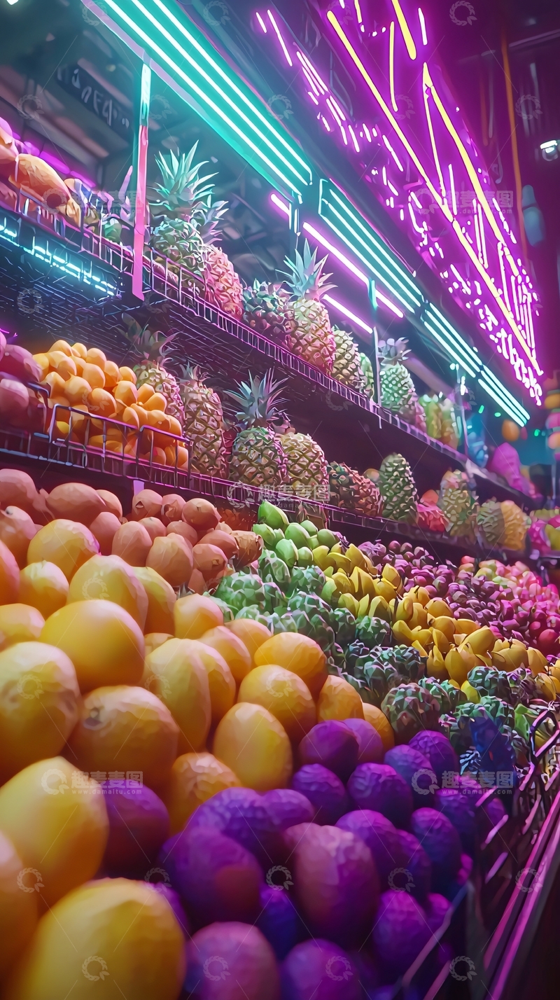 高清大图下载【趣麦麦图】霓虹灯下的水果摊