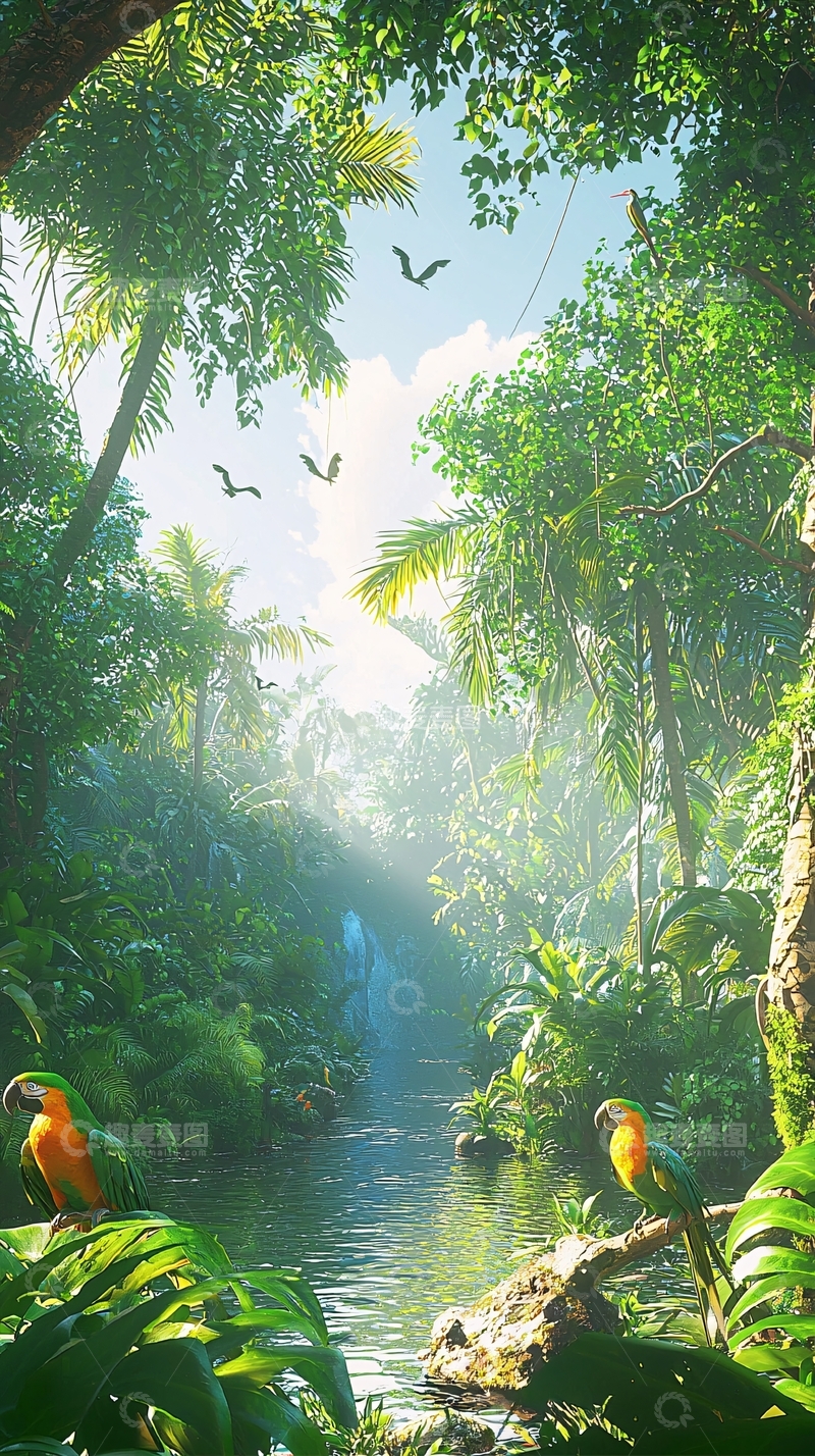 高清大图下载【趣麦麦图】热带雨林溪流瀑布