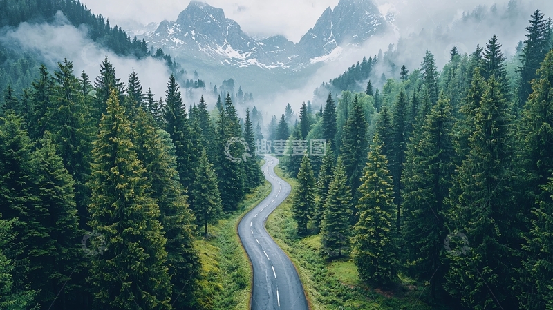 高清大图下载【趣麦麦图】蜿蜒山路穿过翠绿森林
