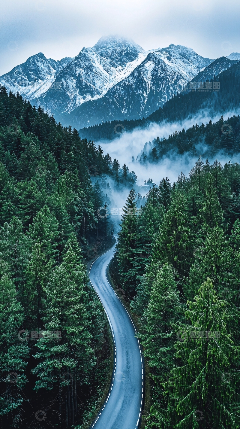 高清大图下载【趣麦麦图】蜿蜒山路森林雪山美景