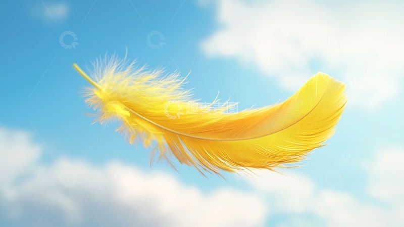 高清大图下载【趣麦麦图】蓝天白云下飘落的黄色羽毛