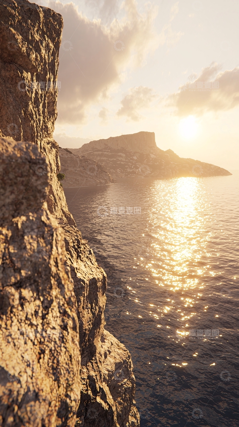 高清大图下载【趣麦麦图】悬崖峭壁海边日落