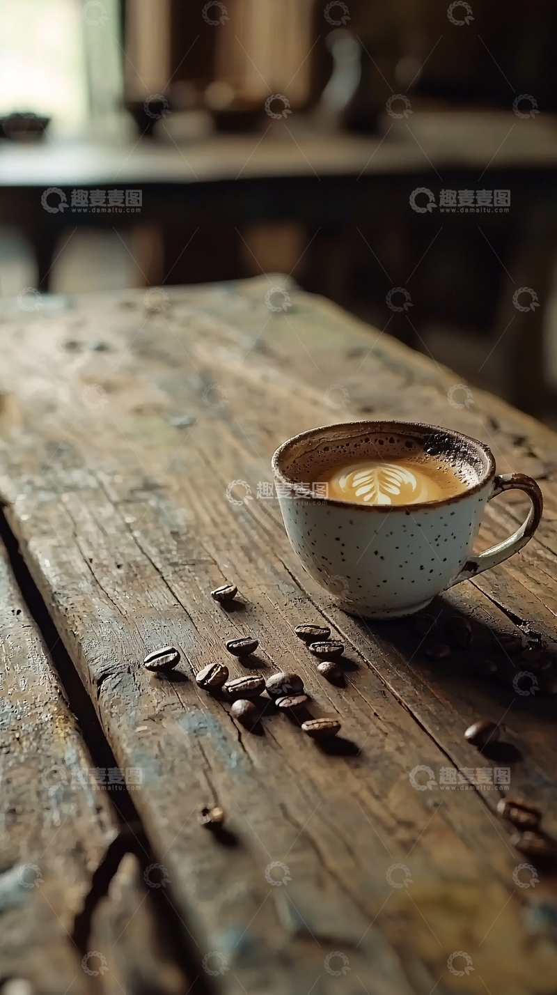 高清大图下载【趣麦麦图】木桌上的拿铁咖啡