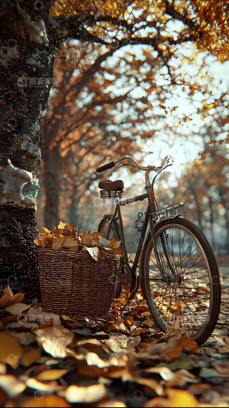 高清大图下载【趣麦麦图】秋日自行车树林落叶