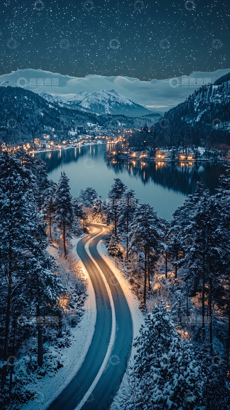高清大图下载【趣麦麦图】冬日雪山湖畔的宁静夜色
