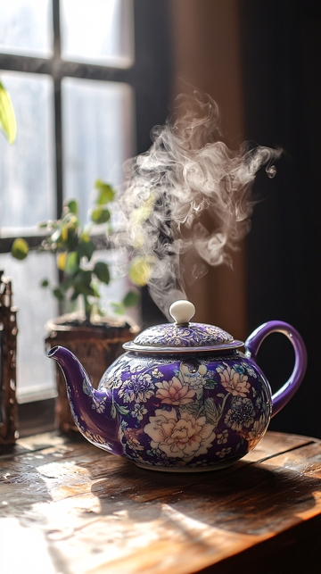 窗边紫花茶壶冒热气