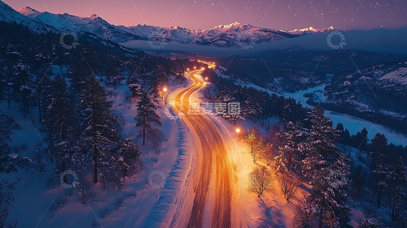 高清大图下载【趣麦麦图】雪山公路夜景