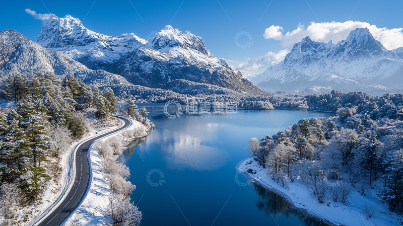 高清大图下载【趣麦麦图】冬季雪山湖泊公路