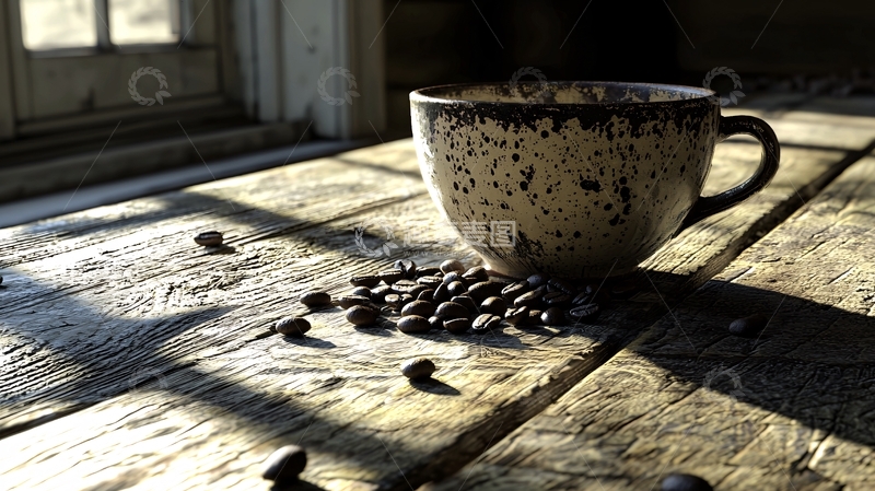 高清大图下载【趣麦麦图】窗边一杯咖啡与咖啡豆