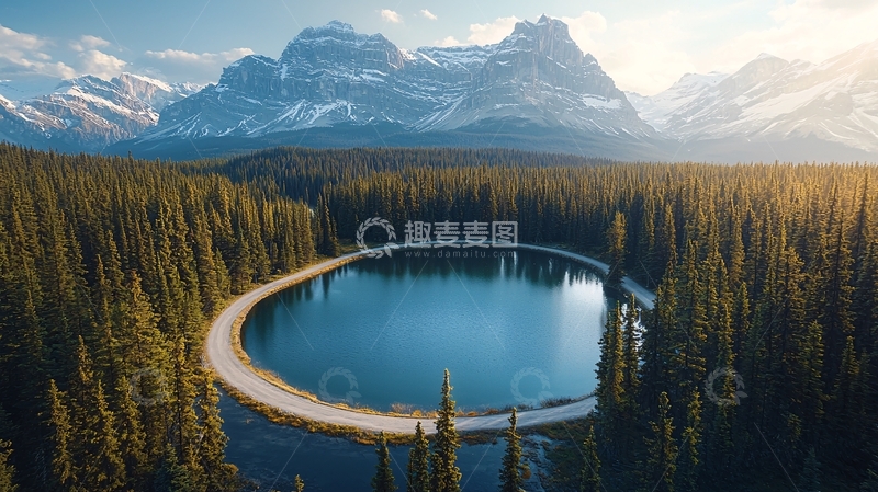 高清大图下载【趣麦麦图】湖泊环绕森林雪山