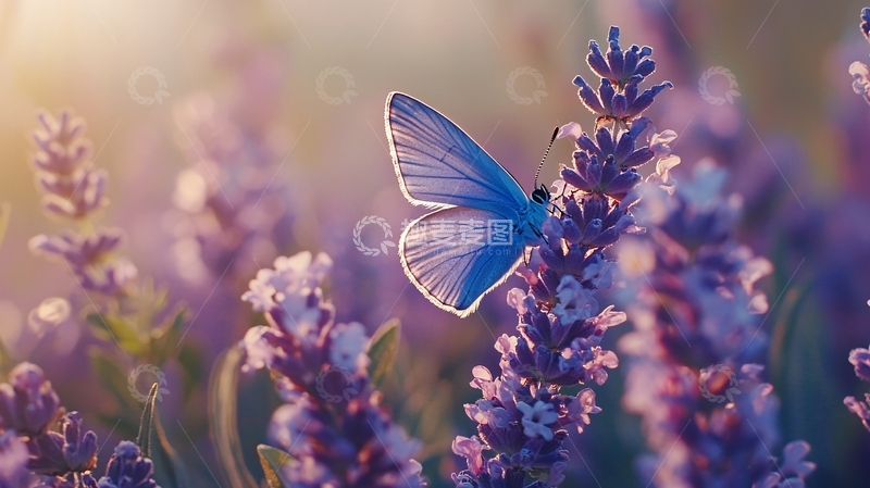 高清大图下载【趣麦麦图】蓝蝴蝶停在薰衣草花丛