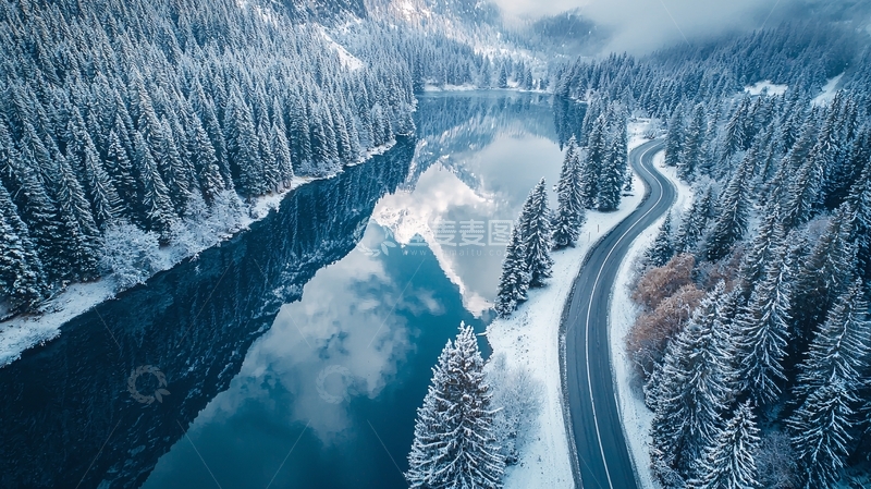 高清大图下载【趣麦麦图】冬季雪山河流公路