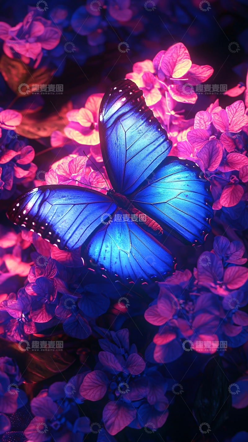 高清大图下载【趣麦麦图】蓝蝴蝶停在紫色花丛中