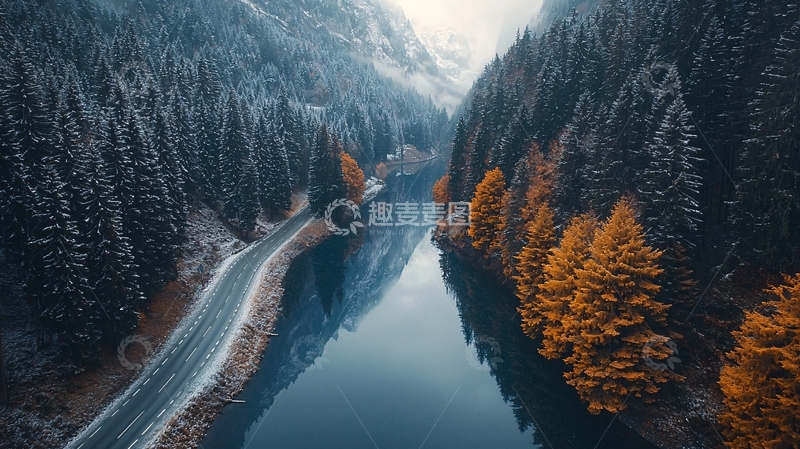 高清大图下载【趣麦麦图】山间公路河流两侧森林