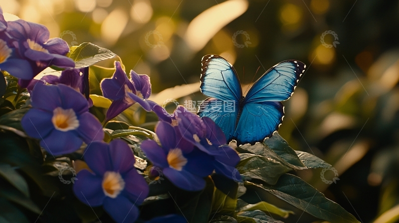 高清大图下载【趣麦麦图】蓝蝴蝶停落在紫色花丛中