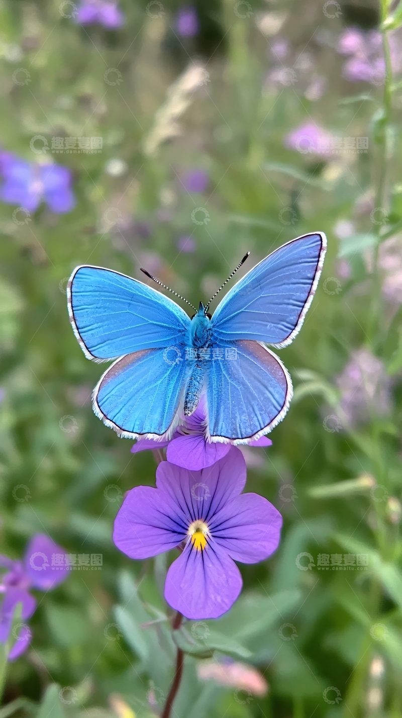 高清大图下载【趣麦麦图】蓝蝴蝶停在紫色小花上