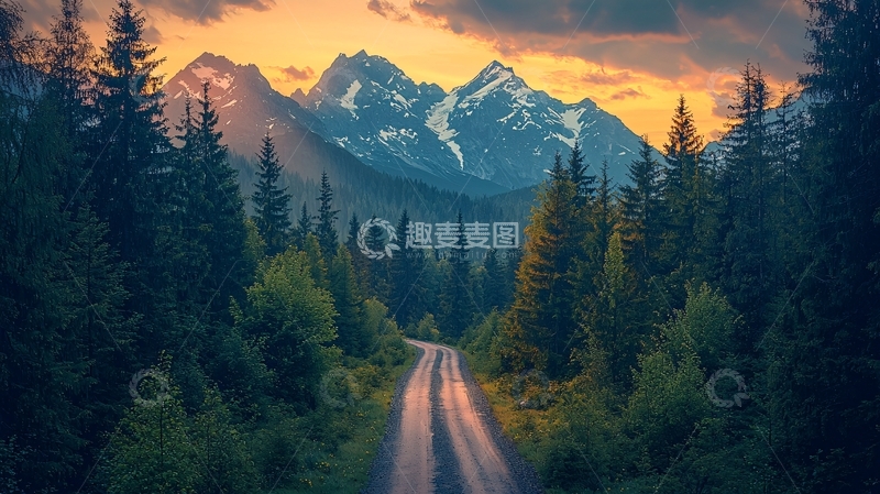 高清大图下载【趣麦麦图】森林公路通向雪山