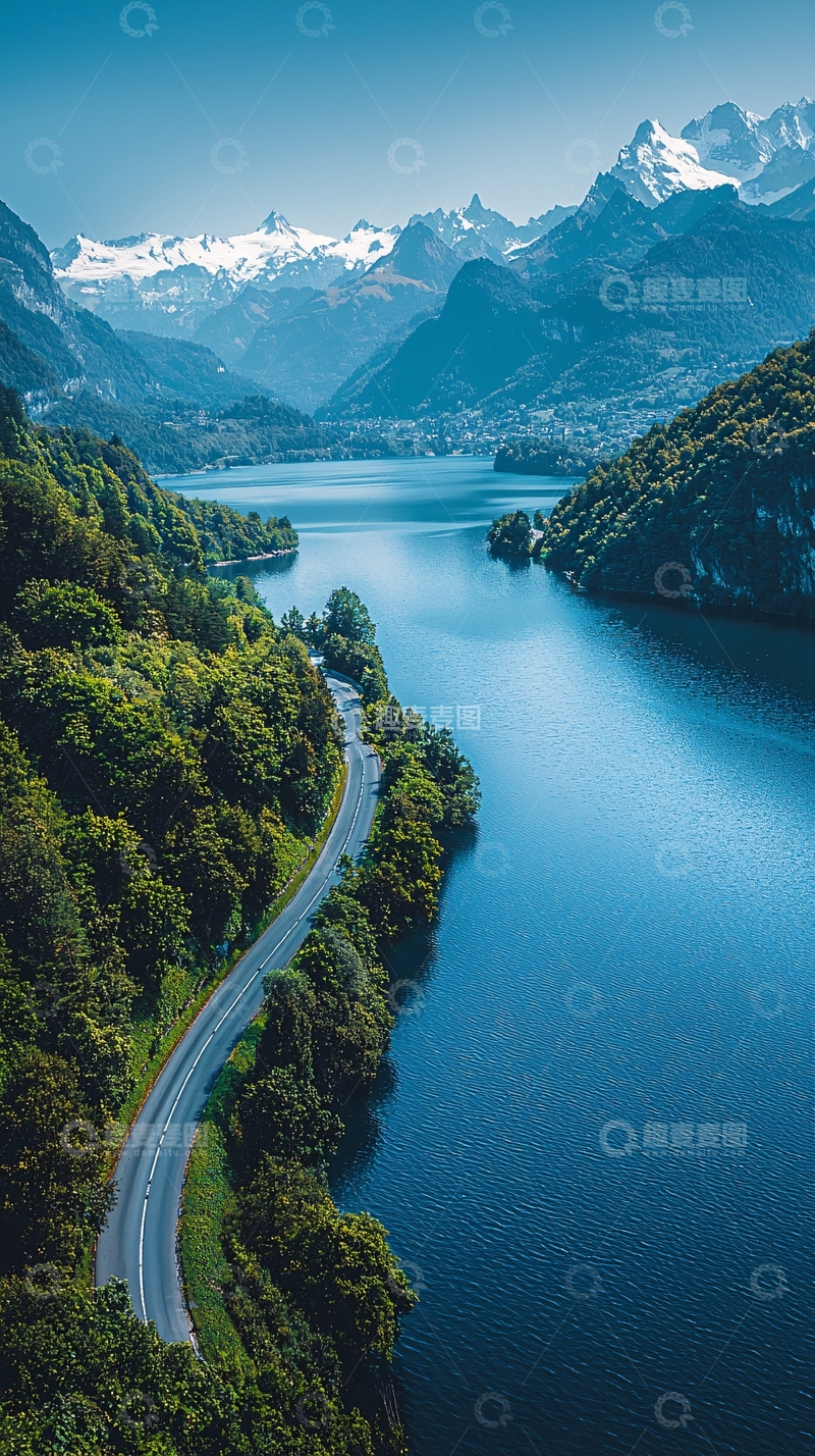 高清大图下载【趣麦麦图】山路湖泊雪山景色