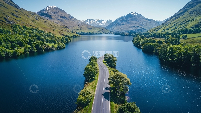 高清大图下载【趣麦麦图】湖光山色下的道路