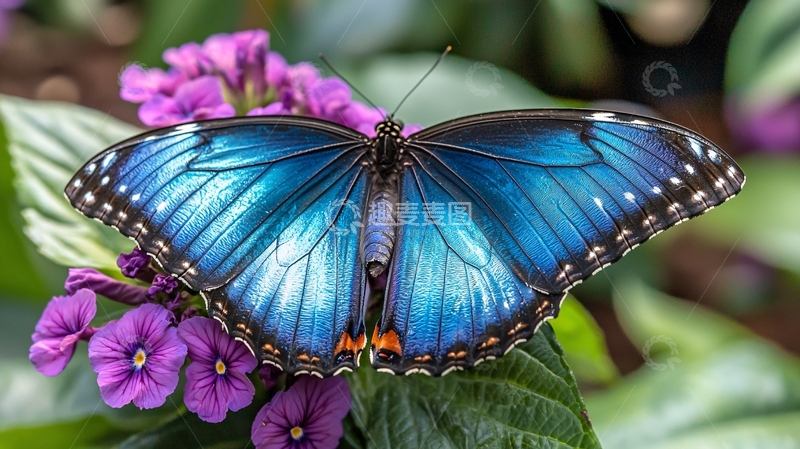 高清大图下载【趣麦麦图】蓝蝴蝶停在紫色花朵上