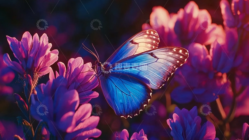 高清大图下载【趣麦麦图】蓝蝴蝶停在紫色花丛中