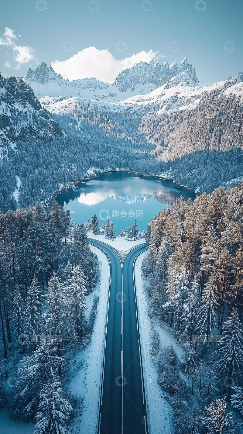 高清大图下载【趣麦麦图】雪山公路湖泊宁静壮美
