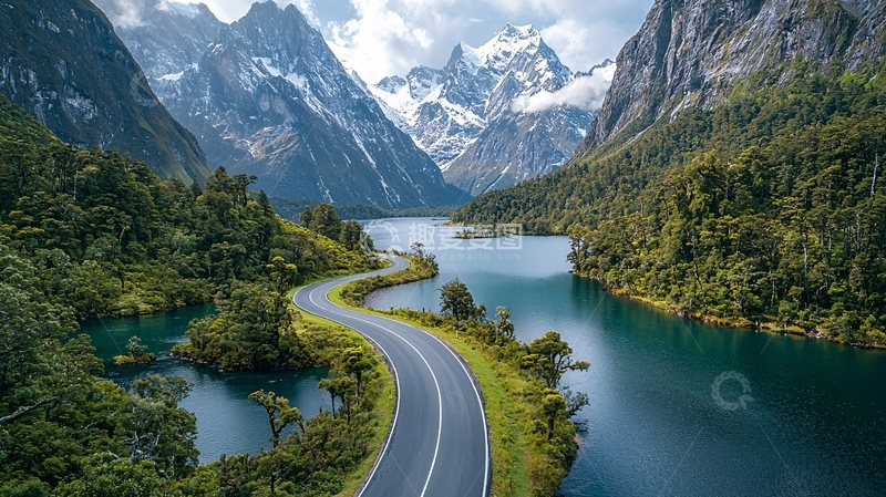 高清大图下载【趣麦麦图】山路环绕碧绿湖泊