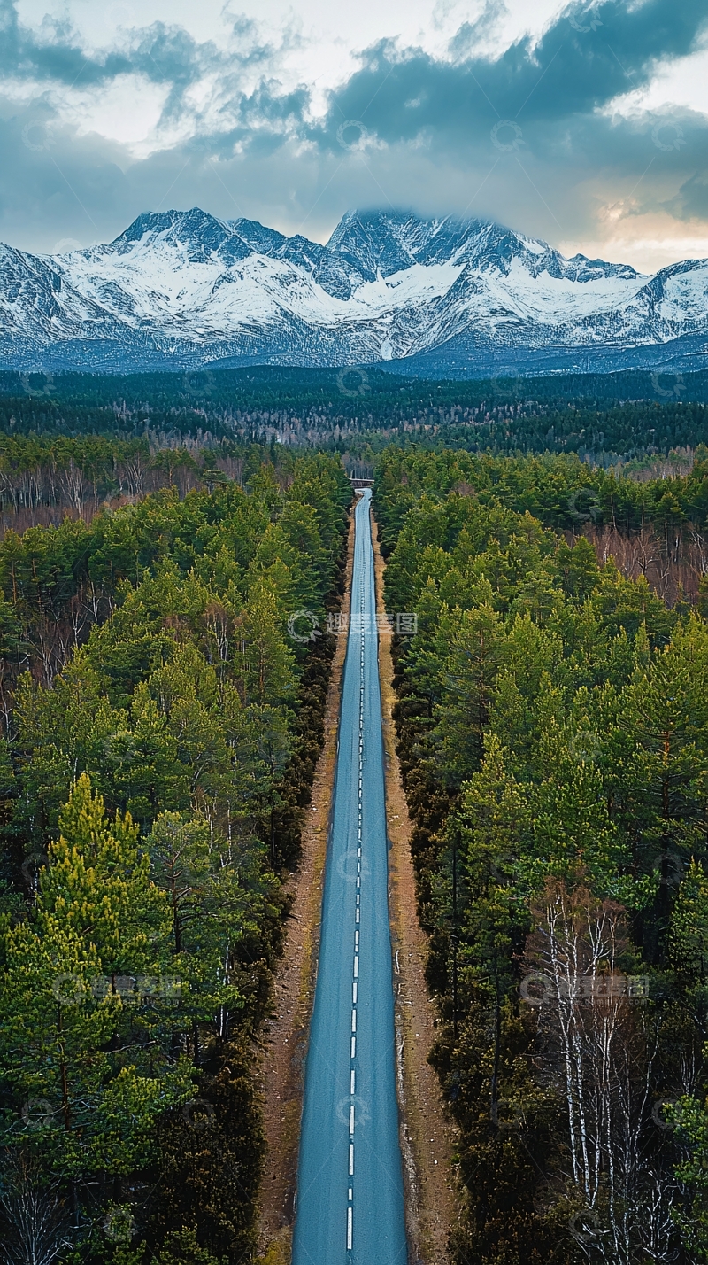 高清大图下载【趣麦麦图】森林公路雪山背景