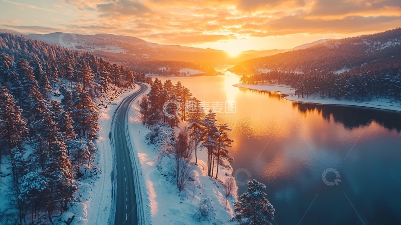 高清大图下载【趣麦麦图】雪山公路日落