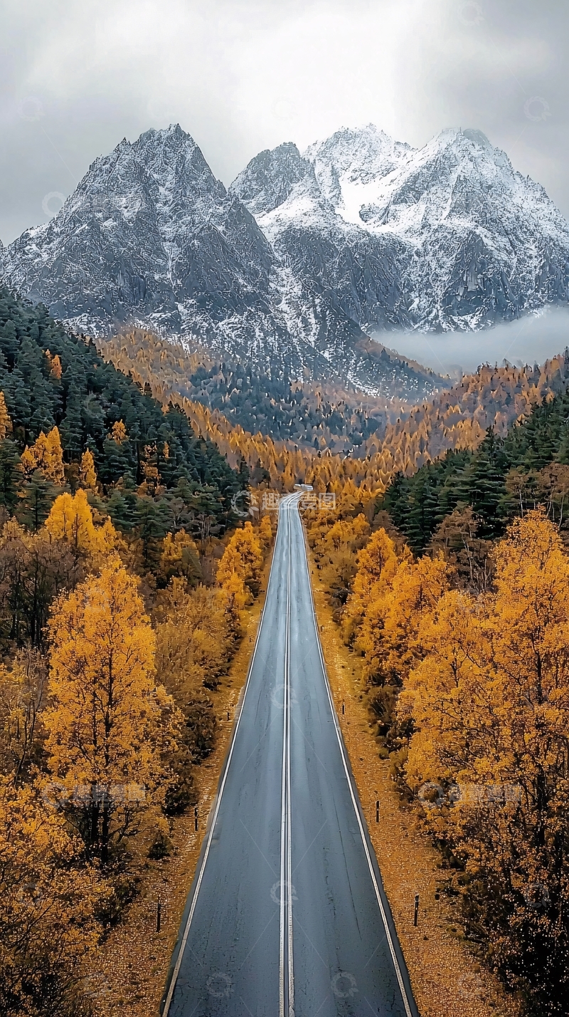 高清大图下载【趣麦麦图】秋日公路雪山风景