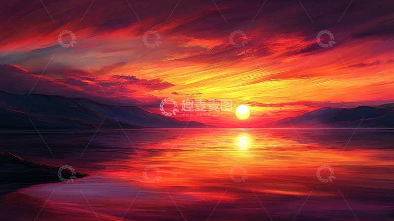 高清大图下载【趣麦麦图】火红的夕阳倒映水面