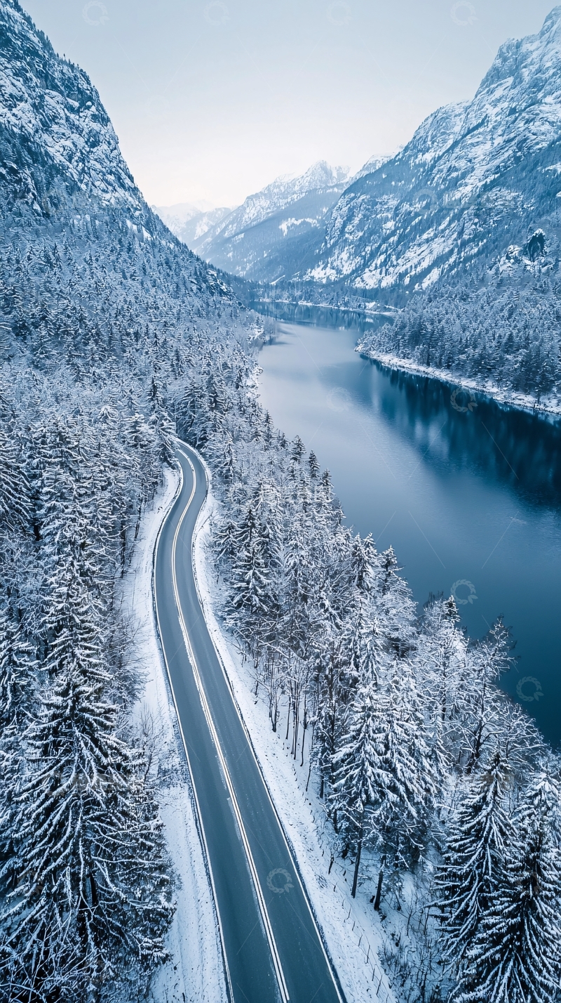 高清大图下载【趣麦麦图】雪山湖泊公路场景