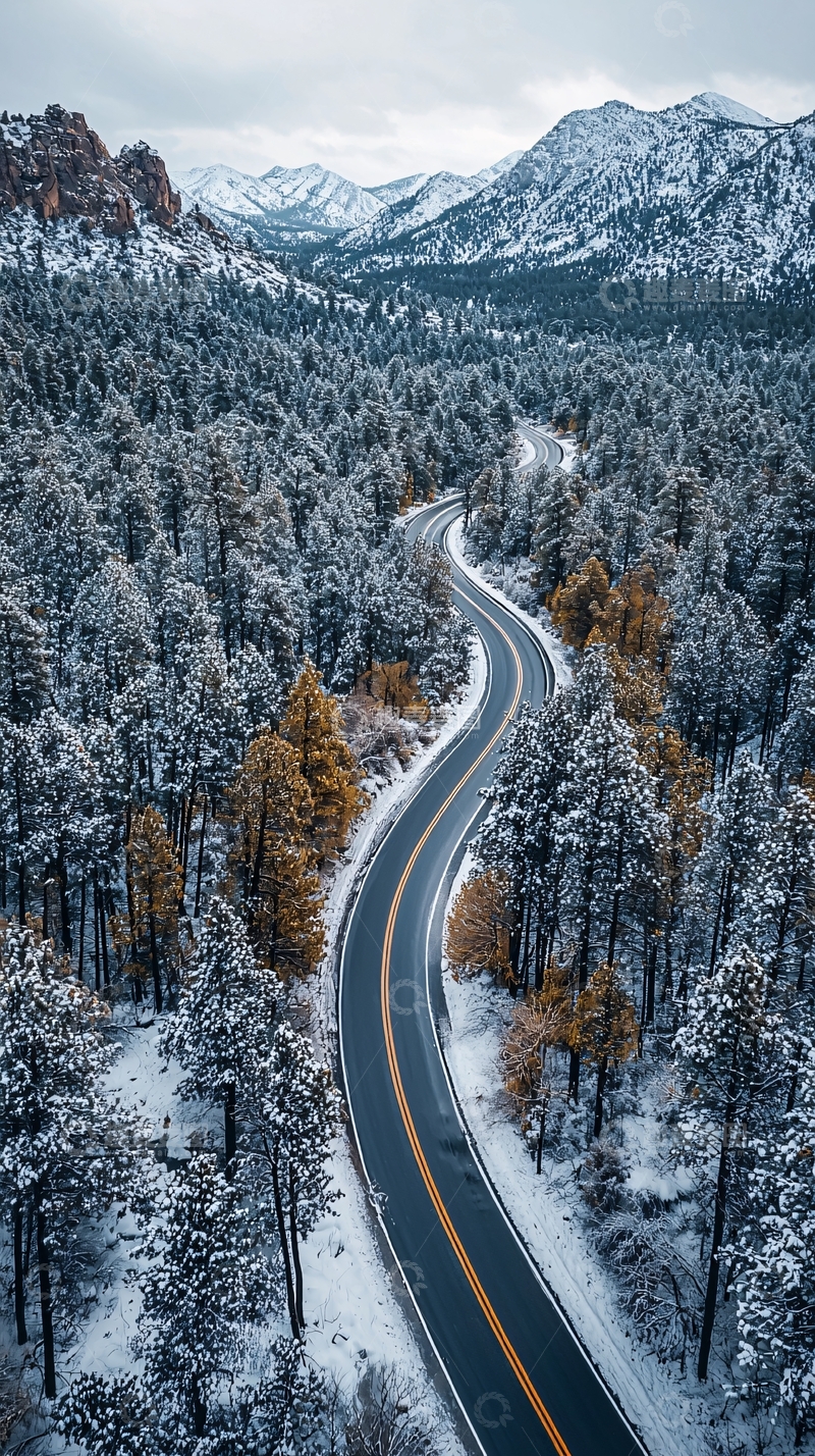 高清大图下载【趣麦麦图】蜿蜒雪路穿梭森林